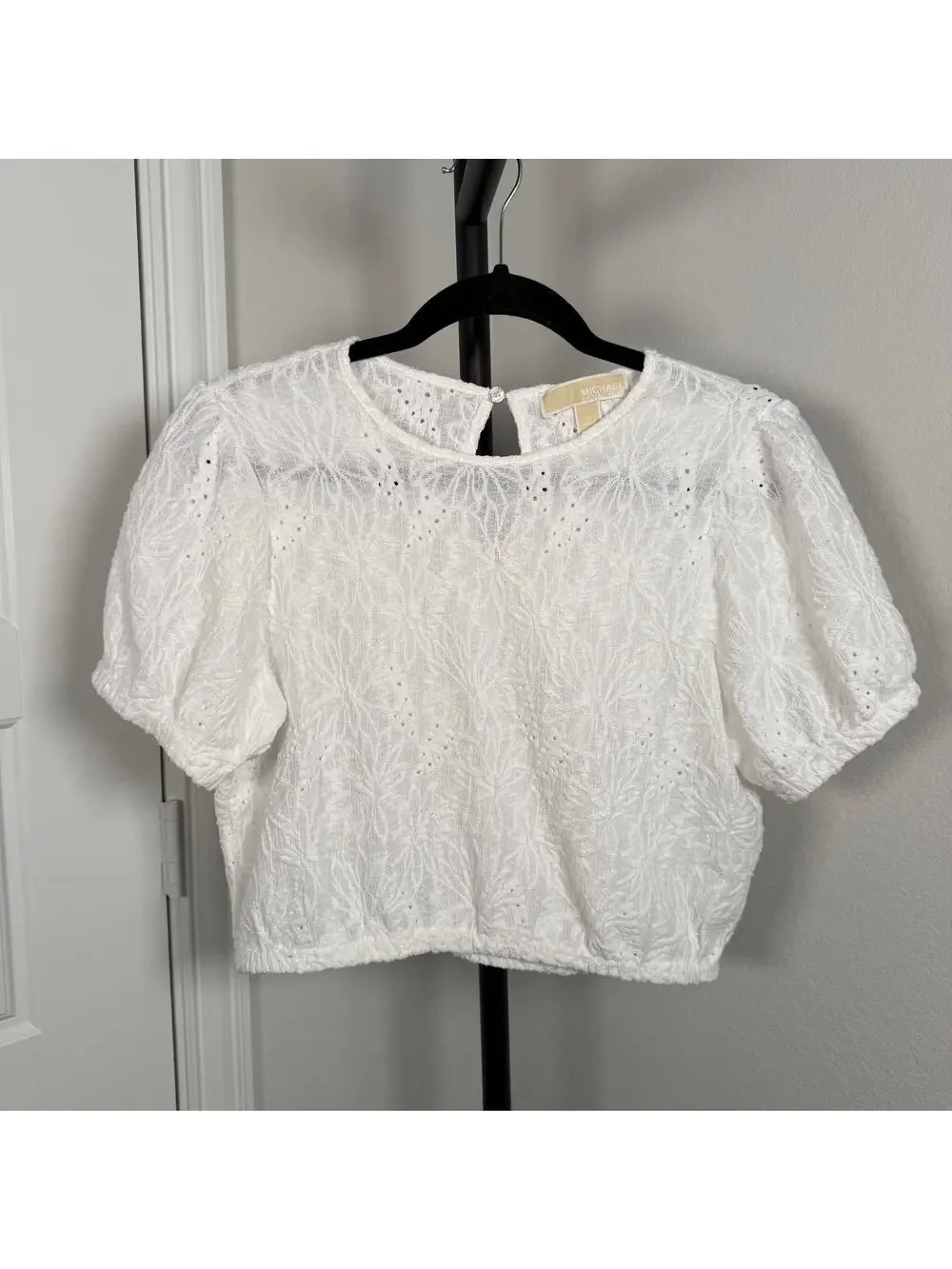 Michael Kors White Floral Eyelet Puff Sleeve Top Size Medium